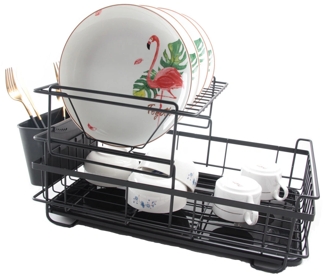 2 Tier Black Painted Kitchen Accessories Dish Drying Rack with Plastic Drainboard and Utensil Holder